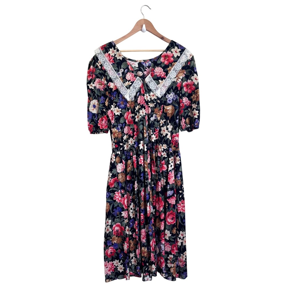 Glenfrey Vintage 80s Cottagecore Basque Waist Midi Dress Size 18 Floral Modest - Picture 5 of 11